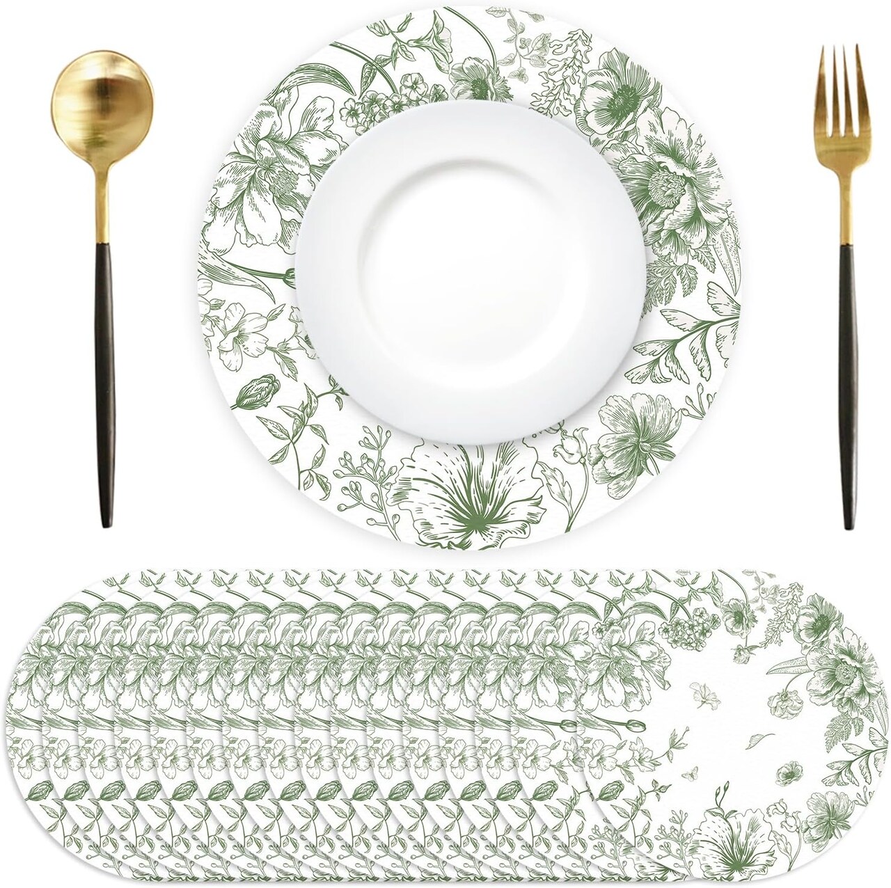 50 Pack Paper Placemats Disposable Green Floral Placemats 13.7 Inch Vintage Sage Green Flower Place Mats Chinoiserie Round Table Mats